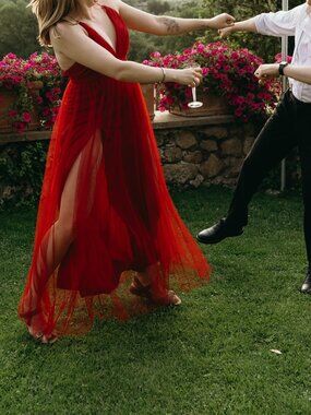 Vntg Red Deep V Gown with Dual Front Slits and Criss-Cross Back